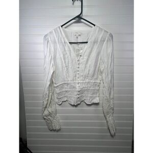 Dee Elly White Cropped Smocked Waist Lace Sleeve V Neck Button Up Blouse Size S